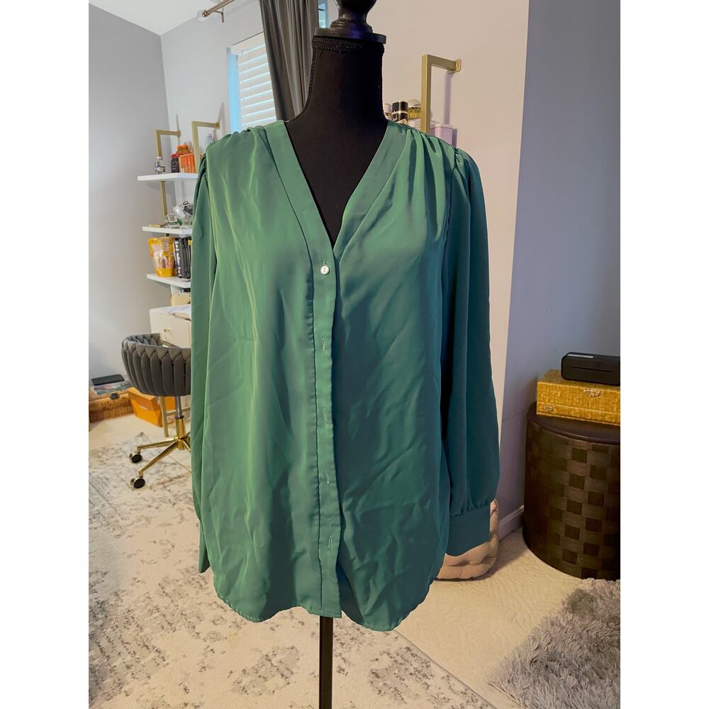 Green V-Neck Work Blouse Large Polyester Long Sleeve Top - Picture 2 of 3